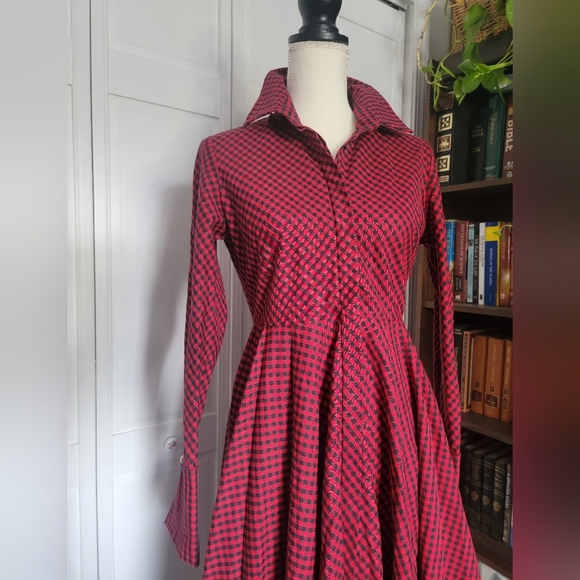 Petersyn Sutton Tartan Red‎ Plaid Cotton Asymmetric A-line Midi Dress Size Small - Picture 6 of 15